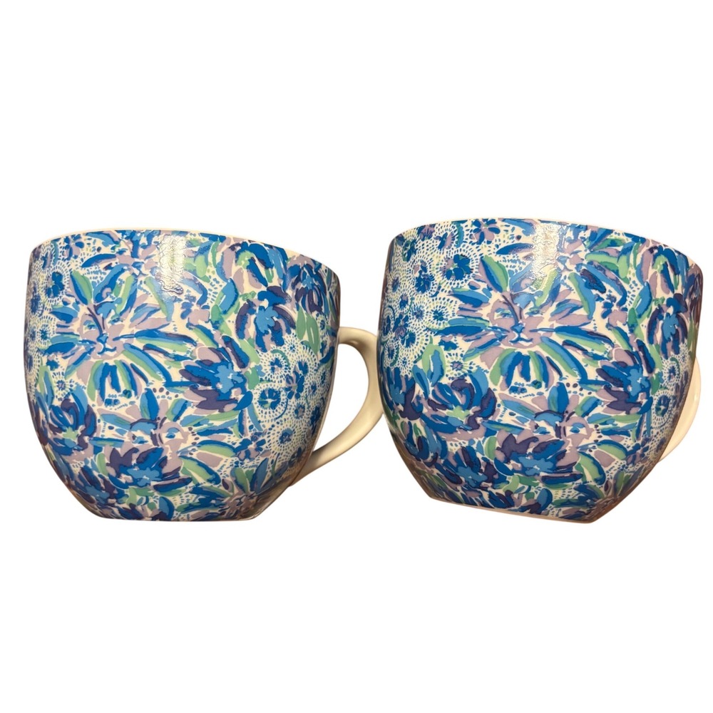 Lilly Pulitzer Coffee Mugs Blue Green Floral Gold Handle Set of 2